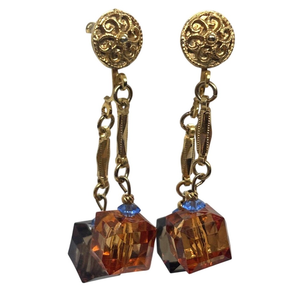Vintage Gold Tone Dangle Drop Beaded Orange Green‎ Earrings 1960s 1970s Retro
